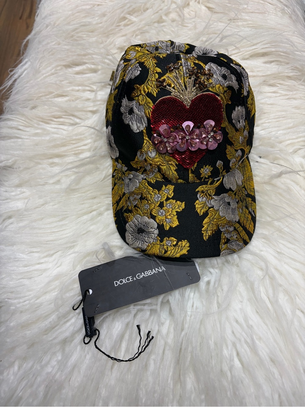 Dolce & Gabbana Black and Gold Embroidered Heart Baseball Cap